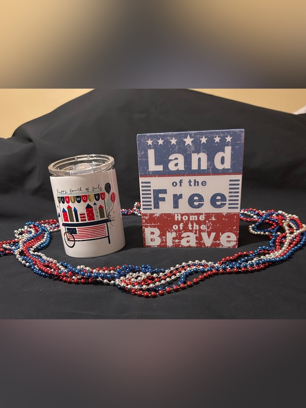 Red White Blue Tumbler, Wood Sign and beaded necklaces